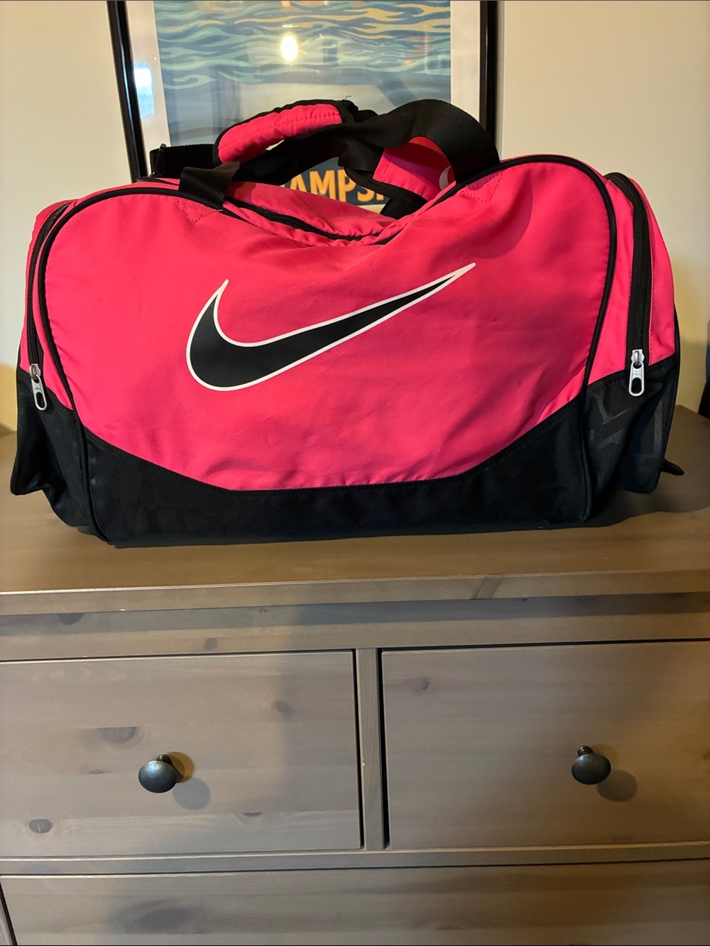 Nike Pink and Black Duffel Bag with White Swoosh